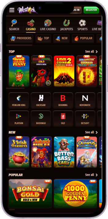 WestAce game lobby showing slots and live casino options