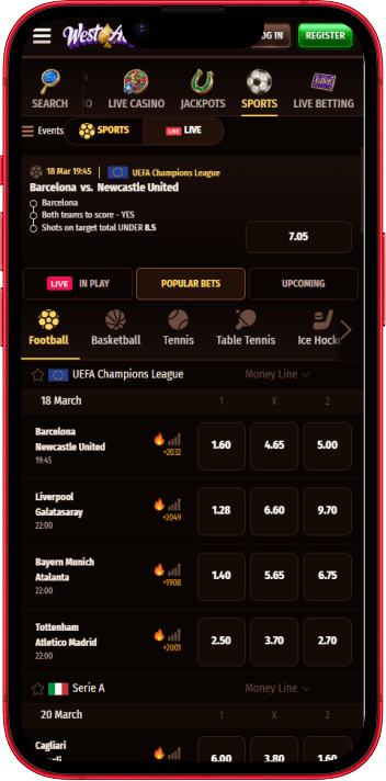 WestAce sportsbook showing live betting markets